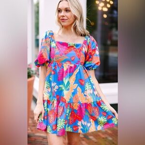 Flying Tomato Anthropologie Floral Tropical Palm Puff Short Sleeve Dress Sz M